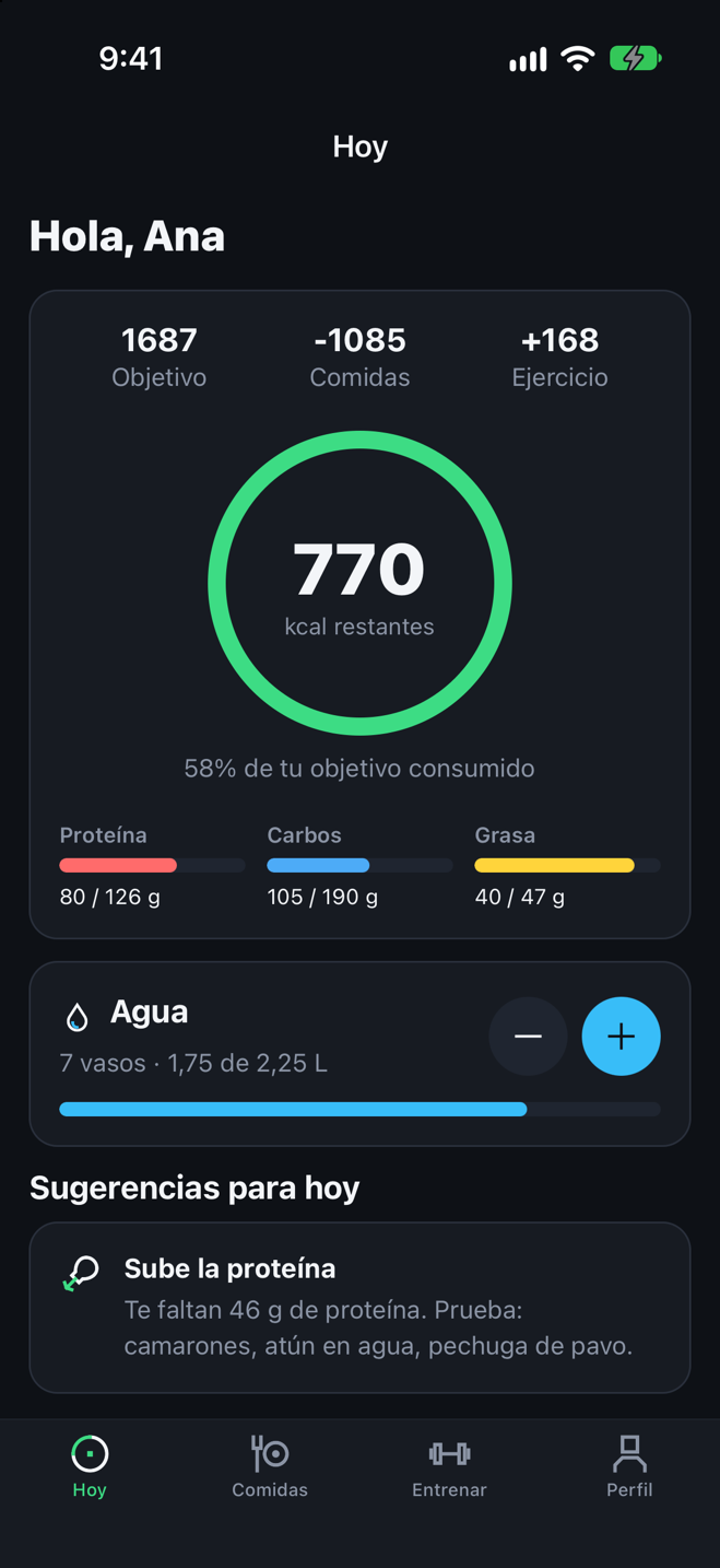 Pantalla Hoy de FitControl con calorías restantes, macros y agua